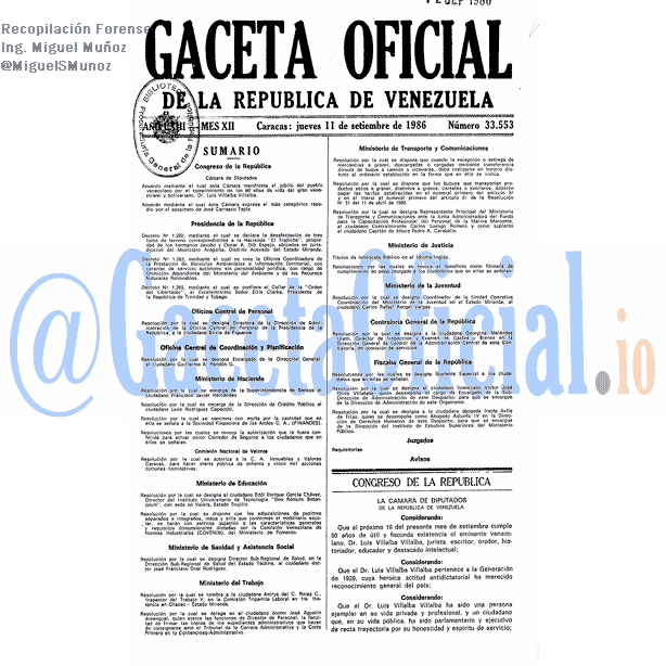 Gaceta Oficial 33553 del 11 Septiembre 1986