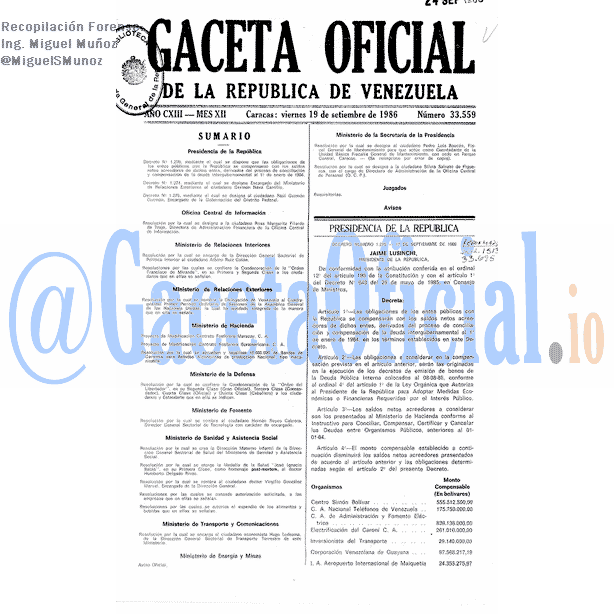 Gaceta Oficial 33559 del 19 Septiembre 1986