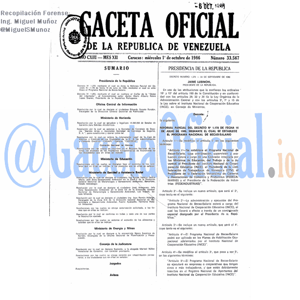 Gaceta Oficial 33567 del 1 Octubre 1986
