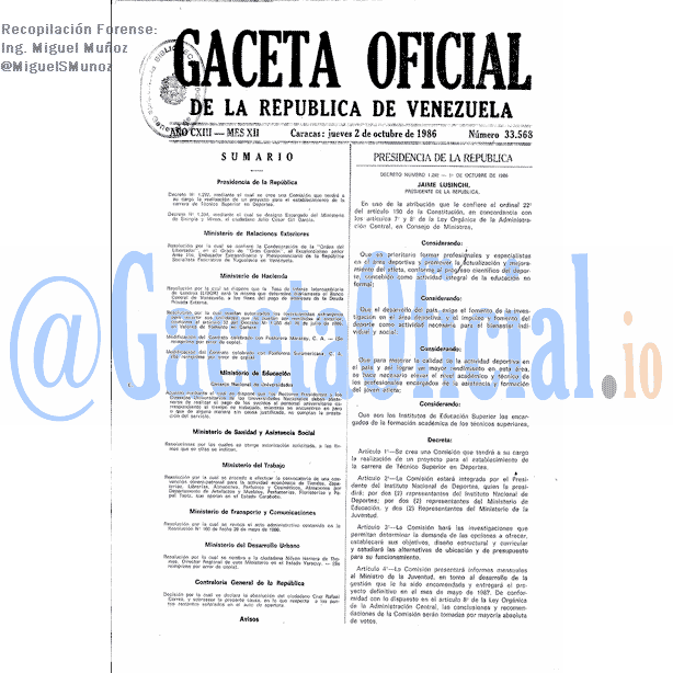 Gaceta Oficial 33568 del 2 Octubre 1986