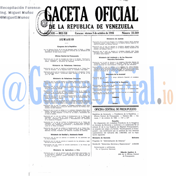 Gaceta Oficial 33569 del 3 Octubre 1986