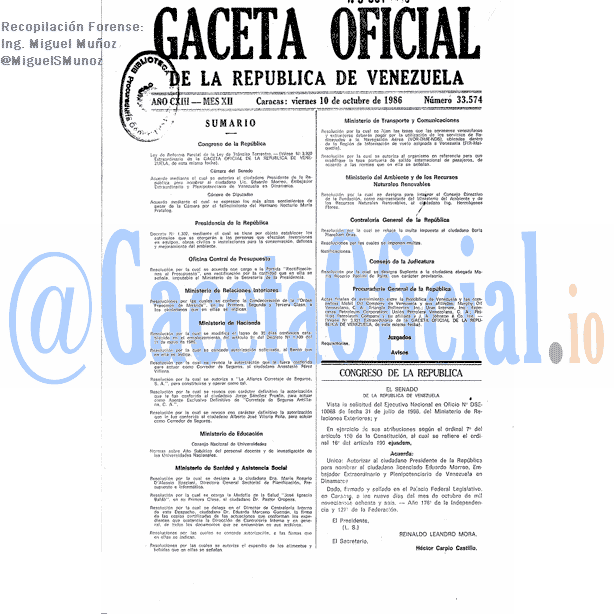 Gaceta Oficial 33574 del 10 Octubre 1986