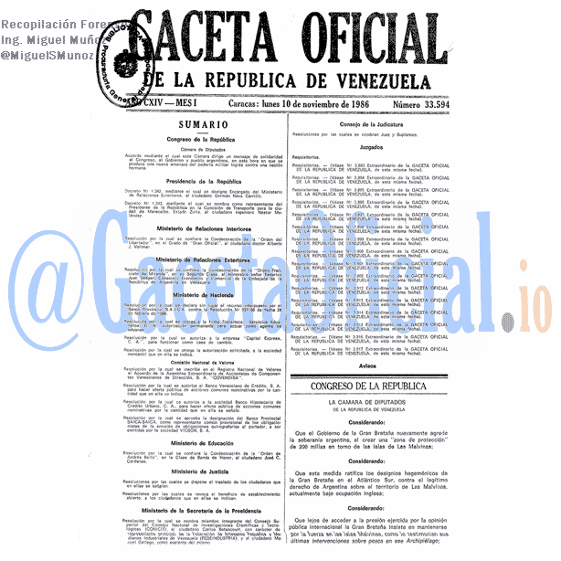 Gaceta Oficial 33594 del 10 Noviembre 1986