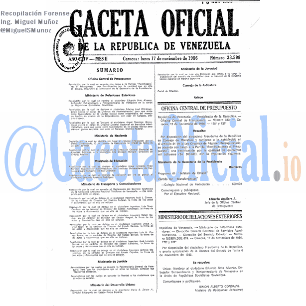 Gaceta Oficial 33599 del 17 Noviembre 1986