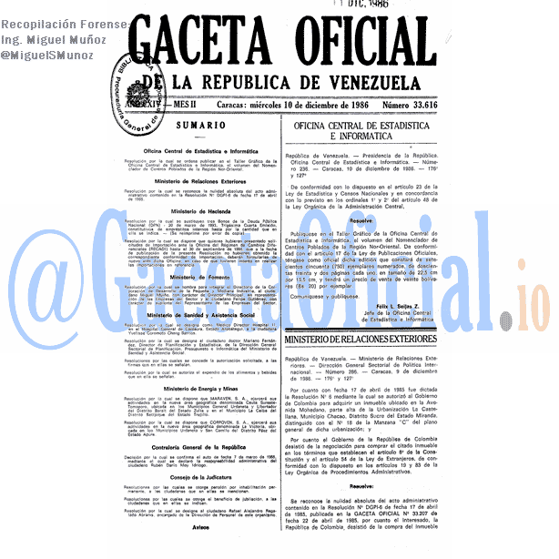 Gaceta Oficial 33616 del 10 Diciembre 1986