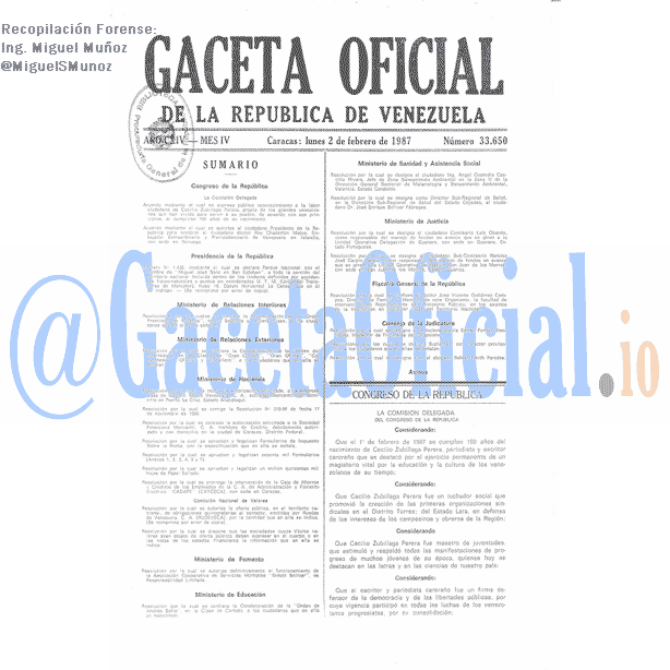 Gaceta Oficial 33650 del 2 Febrero 1987