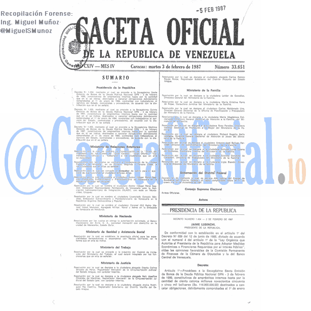 Gaceta Oficial 33651 del 3 Febrero 1987