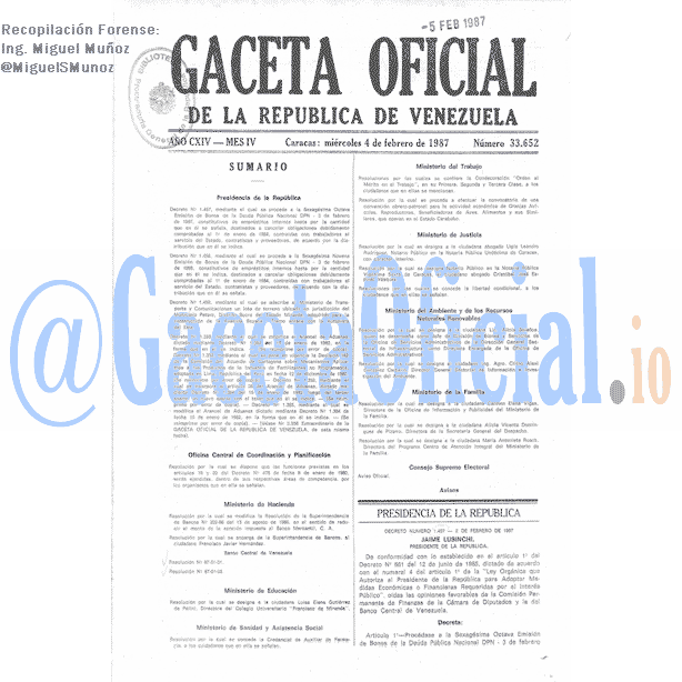 Gaceta Oficial 33652 del 4 Febrero 1987