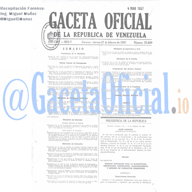 Gaceta Oficial 33669 del 27 Febrero 1987