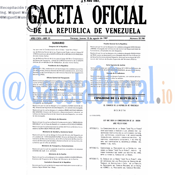 Gaceta Oficial 33780 del 13 Agosto 1987