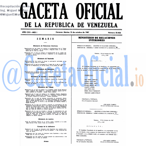 Gaceta Oficial 33822 del 13 Octubre 1987