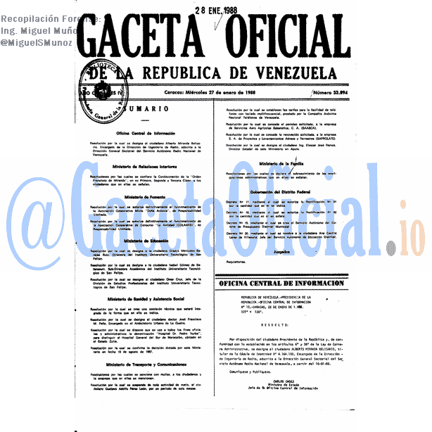 Gaceta Oficial 33894 del 27 Enero 1988