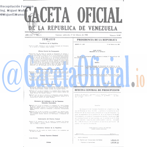 Gaceta Oficial 33907 del 17 Febrero 1988