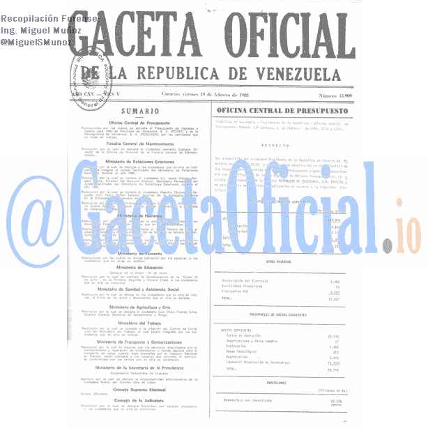 Gaceta Oficial 33909 del 19 Febrero 1988