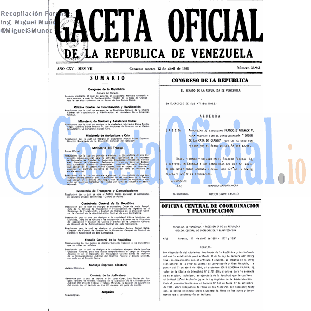 Gaceta Oficial 33943 del 12 Abril 1988