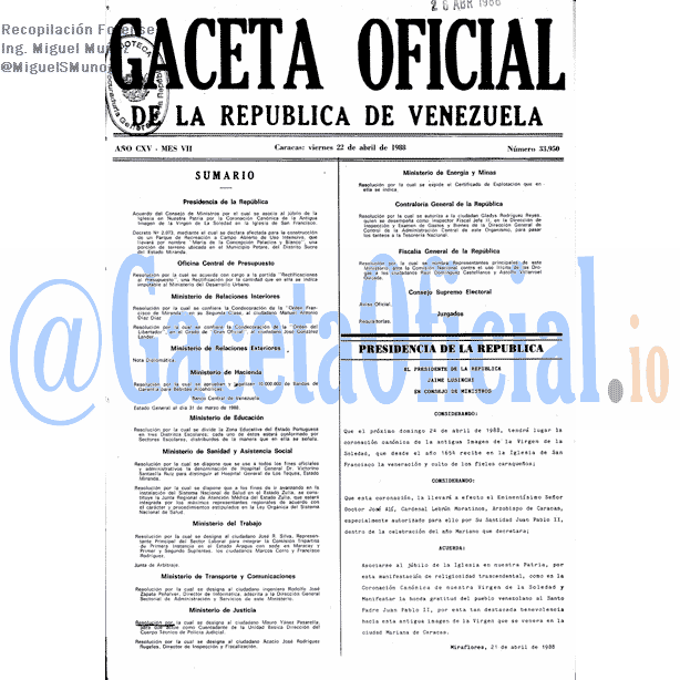 Gaceta Oficial 33950 del 22 Abril 1988