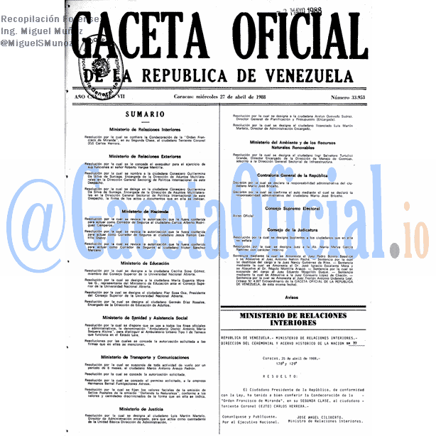Gaceta Oficial 33953 del 27 Abril 1988