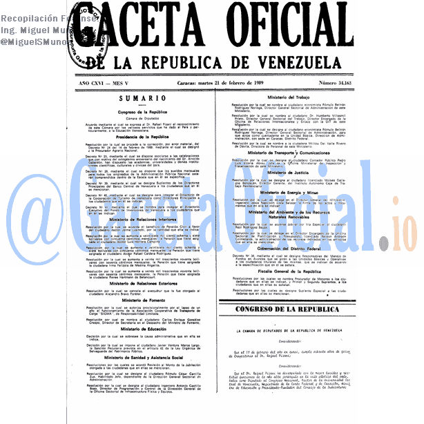 Gaceta Oficial 34163 del 21 Febrero 1989