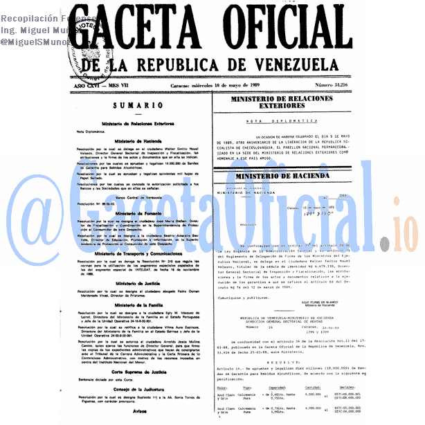 Gaceta Oficial 34216 del 10 Mayo 1989
