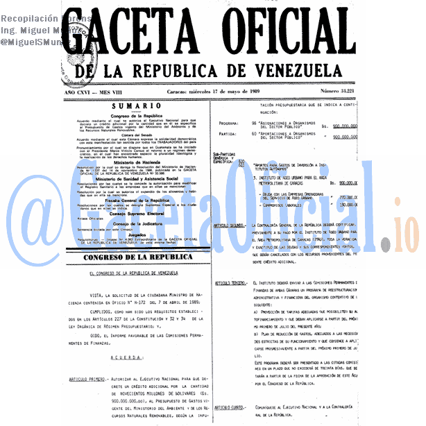 Gaceta Oficial 34221 del 17 Mayo 1989