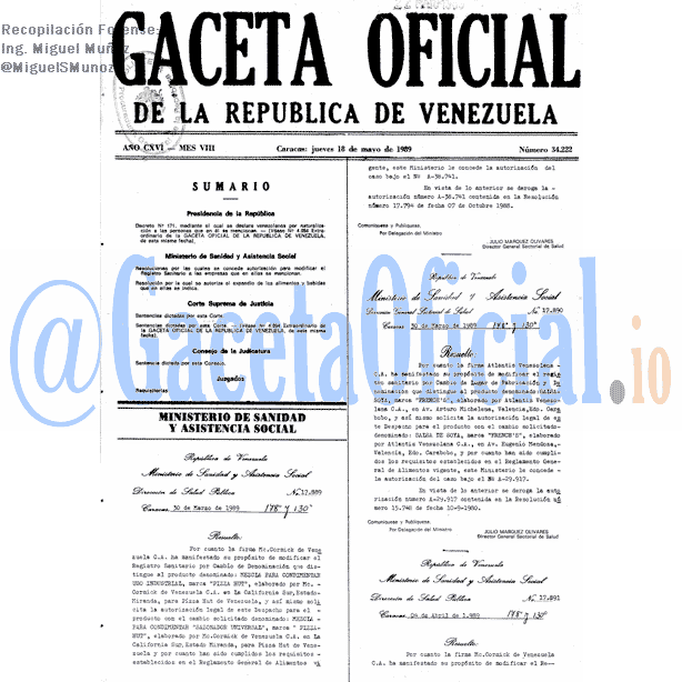 Gaceta Oficial 34222 del 18 Mayo 1989