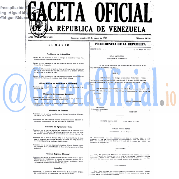 Gaceta Oficial 34230 del 30 Mayo 1989