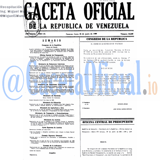 Gaceta Oficial 34249 del 26 Junio 1989
