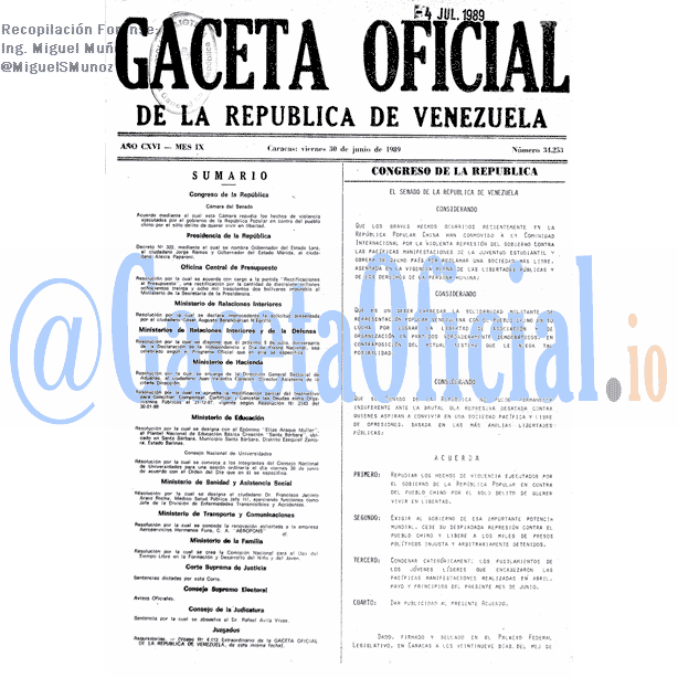 Gaceta Oficial 34253 del 30 Junio 1989