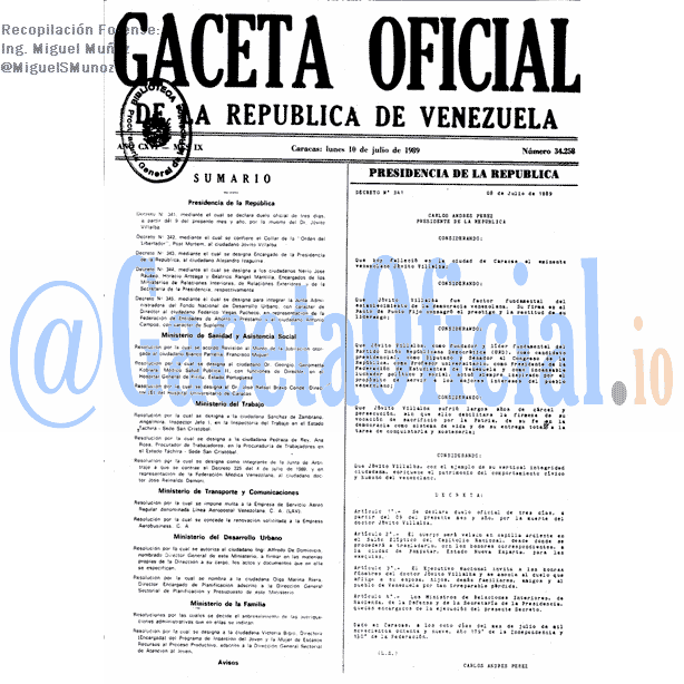 Gaceta Oficial 34258 del 10 Julio 1989