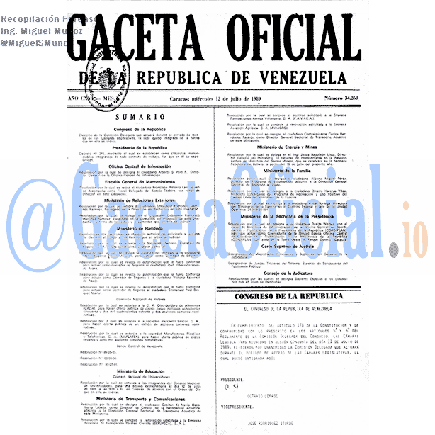 Gaceta Oficial 34260 del 12 Julio 1989