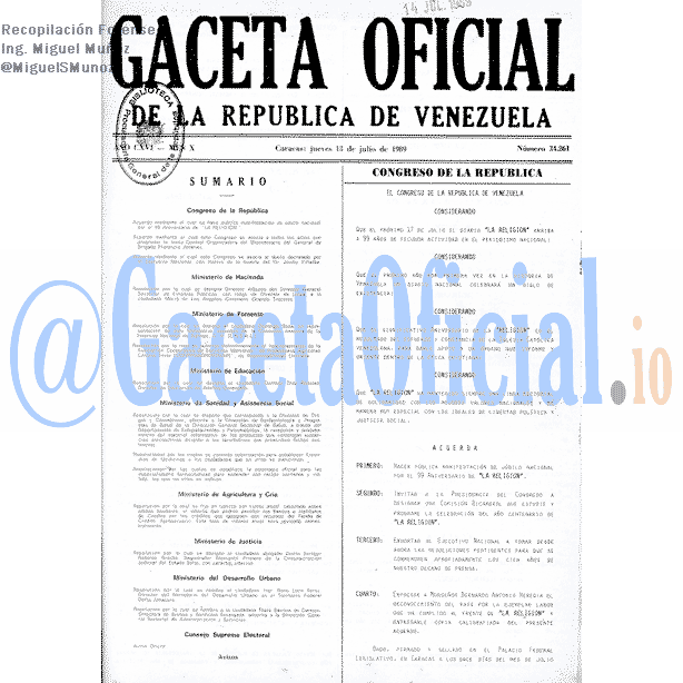 Gaceta Oficial 34261 del 13 Julio 1989