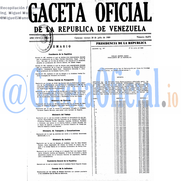 Gaceta Oficial 34271 del 28 Julio 1989