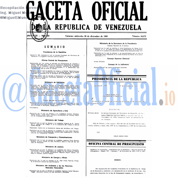 Gaceta Oficial 34372 del 20 Diciembre 1989
