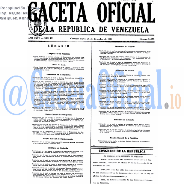 Gaceta Oficial 34375 del 26 Diciembre 1989