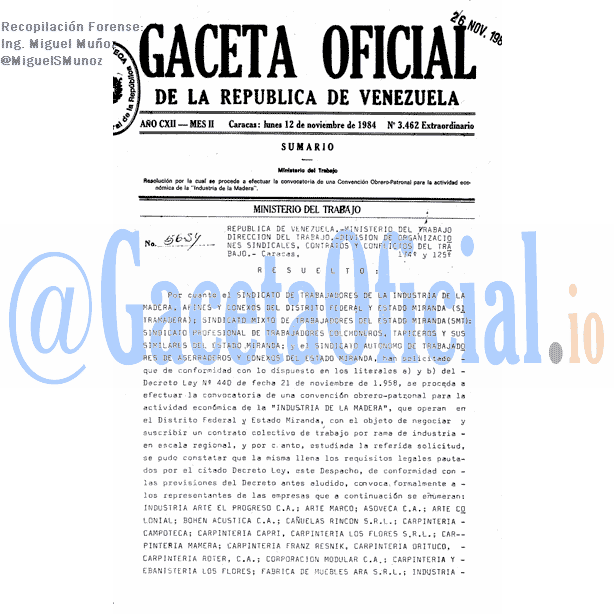 Gaceta Oficial 3462 del 12 Noviembre 1984