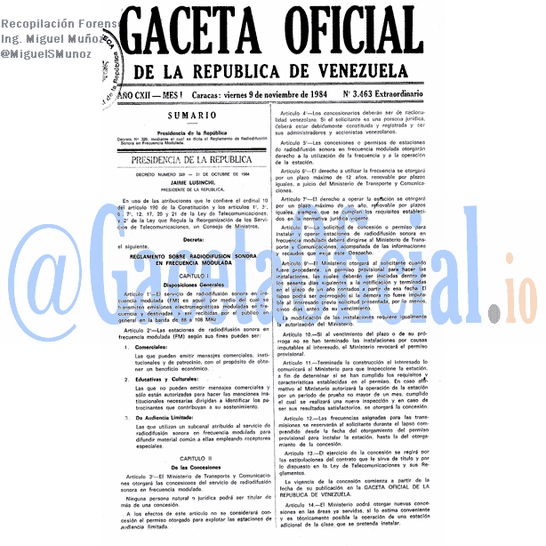 Gaceta Oficial 3463 del 9 Noviembre 1984