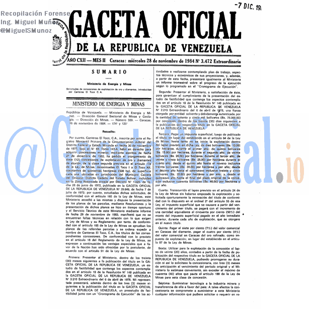 Gaceta Oficial 3472 del 28 Noviembre 1984