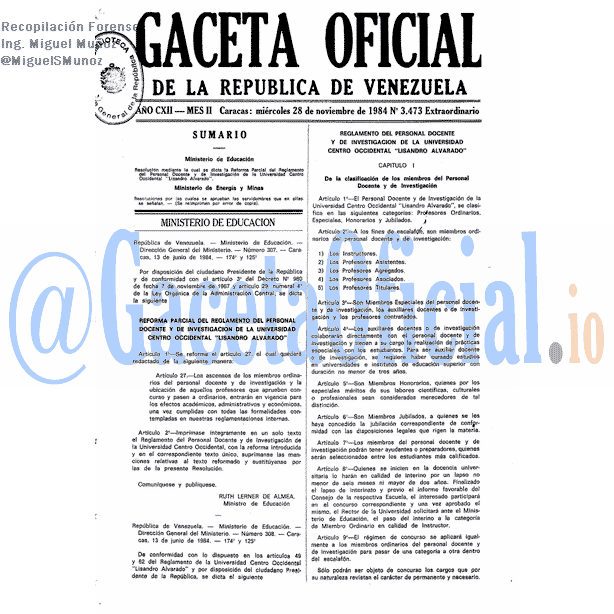 Gaceta Oficial 3473 del 28 Noviembre 1984