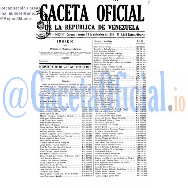 Gaceta Oficial 3486 del 18 Diciembre 1984