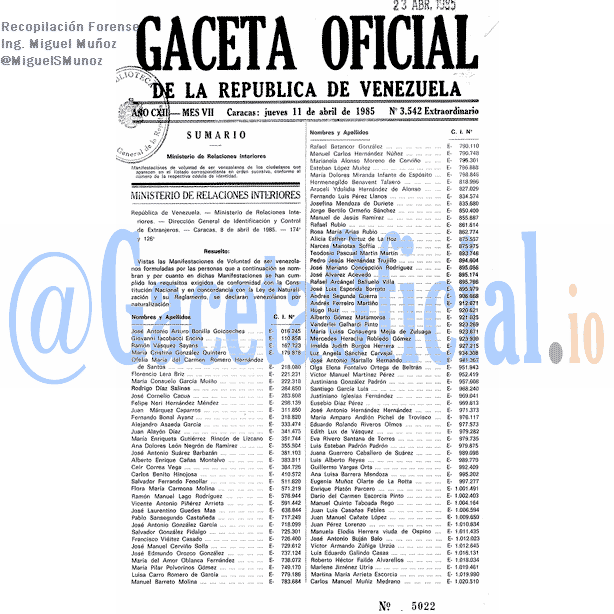 Gaceta Oficial 3542 del 11 Abril 1985