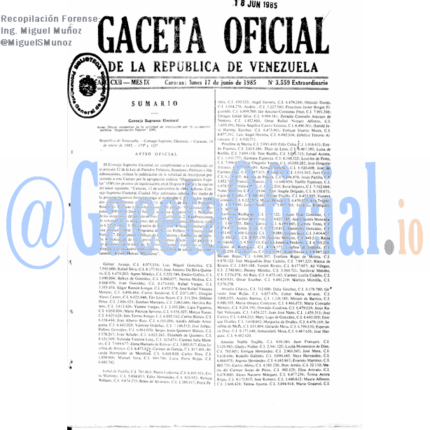 Gaceta Oficial 3559 del 17 Junio 1985