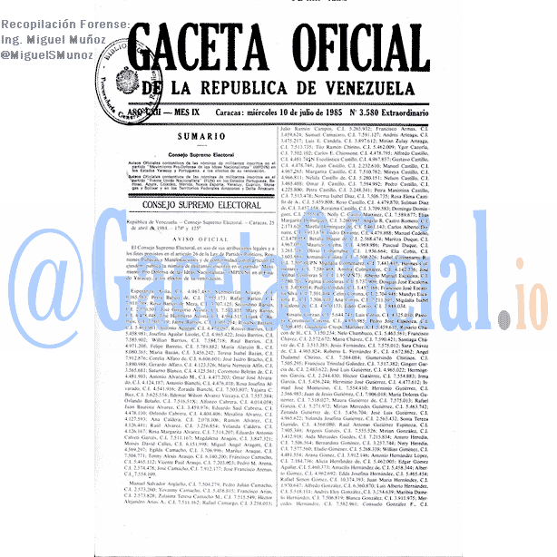 Gaceta Oficial 3580 del 10 Julio 1985