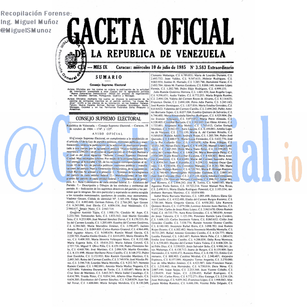 Gaceta Oficial 3583 del 10 Julio 1985