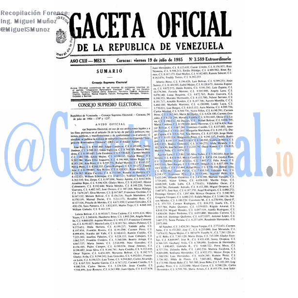 Gaceta Oficial 3589 del 19 Julio 1985