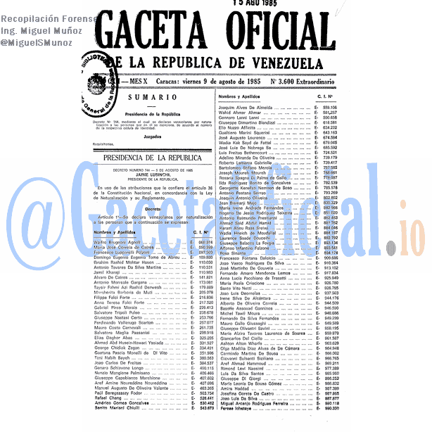Gaceta Oficial 3600 del 9 Agosto 1985