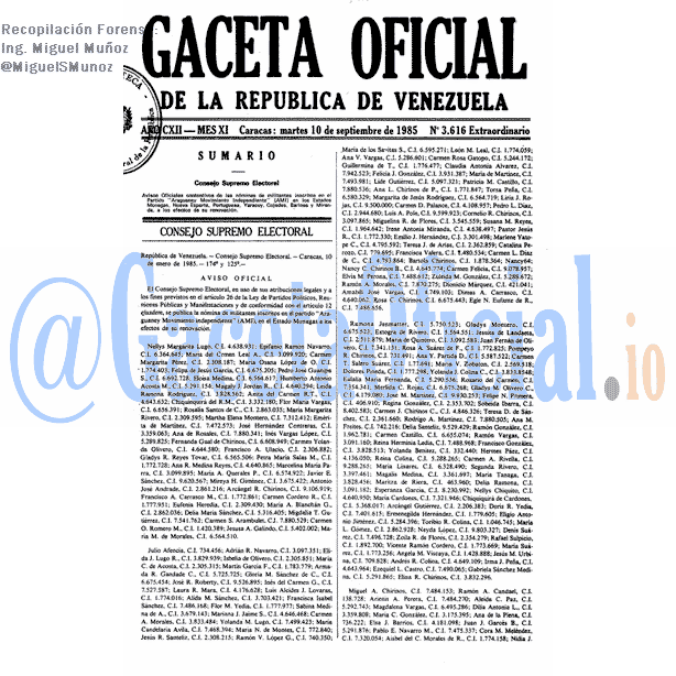 Gaceta Oficial 3616 del 10 Septiembre 1985
