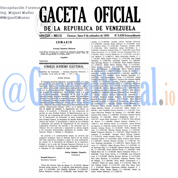 Gaceta Oficial 3620 del 9 Septiembre 1985