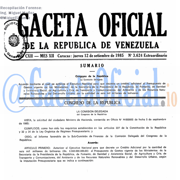 Gaceta Oficial 3624 del 12 Septiembre 1985