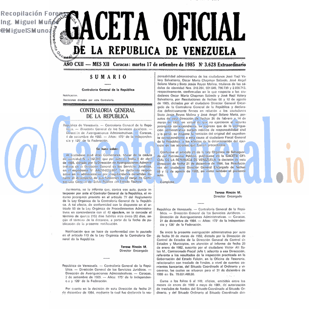 Gaceta Oficial 3628 del 17 Septiembre 1985