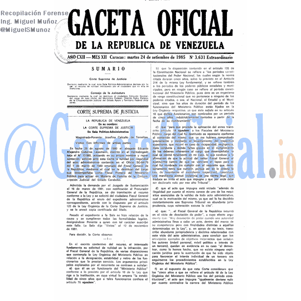 Gaceta Oficial 3631 del 24 Septiembre 1985